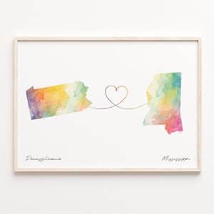 Pennsylvania to Mississippi Druck, Aquarell Karte Poster, Mississippi Geschenk, Reise Wandkunst, Neue Landeskarte, C23-1428