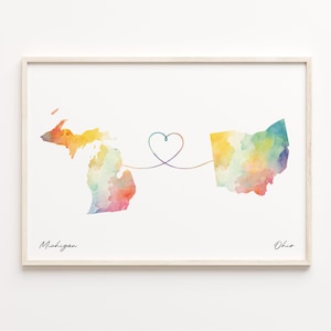 Michigan to Ohio Print, Watercolor Map Poster, Ohioan Gift, Travel Wall Art, Friendship, C23-1698