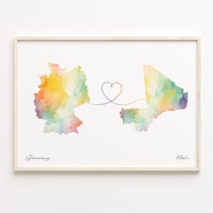 Germany to Mali Print, Watercolor Map Poster, Maldivian Gift, Travel Wall Art, Global Love, C23-511