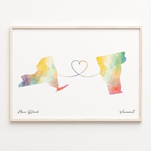 New York to Vermont Druck, Aquarell Karte Poster, Vermont Geschenk, Reise Wandkunst, Heimat im Ausland Karte, C23-1398