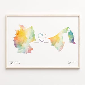 Germany to Brunei Print, Watercolor Map Poster, Bruneian Gift, Travel Wall Art, Overseas Love, C23-424