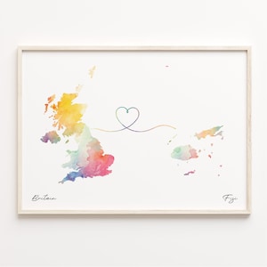 UK to Fidschi Print, Aquarell Karte Poster, Fidschi Geschenk, Vereinigtes Königreich Wandkunst, LDR Karte, C23-258