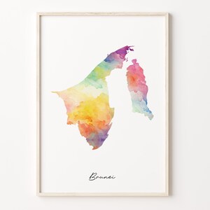 Impresión de mapa de acuarela de Brunei, cartel de arte vibrante de Brunei, arte colorido de la pared del país de BN, impresión colorida, C26-26
