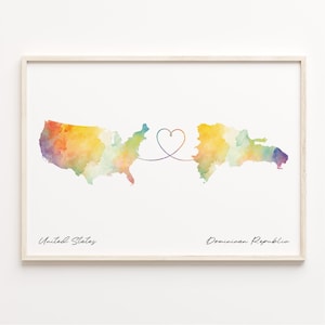 US to Dominikanische Republik Druck, Aquarell Karte Poster, Dominikanische Geschenk, US Wandkunst, Freundschaftsgeschenk, C23-50