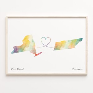 Impresión de Nueva York a Tennessee, póster de mapa de acuarela, regalo de Tennessee, arte mural de viaje, regalo de mudanza al extranjero, C23-1394