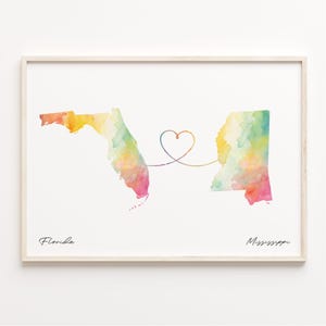 Florida naar Mississippi print, aquarel kaart poster, Mississippian cadeau, reizen kunst aan de muur, nieuw huis, C23-1324