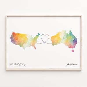 US to Australia Print, Watercolor Map Poster, Australian Gift, US Wall Art, Moving Overseas Map, C23-9