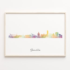 Seville Skyline Print, Aquarell Stadtbild, Spanien Wand Kunst Poster, Aquarell Karte, Home Decor, C29-195
