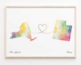 New York to Texas Watercolor Map Print: Long Distance Gift