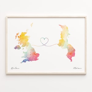 UK to Malawi Print, Watercolor Map Poster, Malawian Gift, United Kingdom Wall Art, Expatriate, C23-310