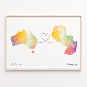 Australia to Paraguay Print, Watercolor Map Poster, Papua New Guinean Gift, Travel Wall Art, Emigration Gift, C23-938