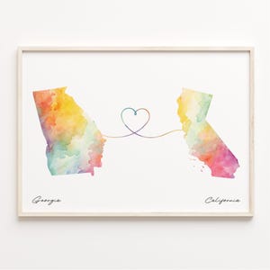 Georgia to California Watercolor Map Print: Long Distance Gift