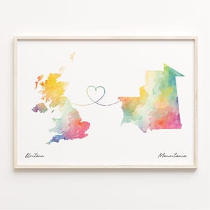UK to Mauritania Print, Watercolor Map Poster, Mauritanian Gift, United Kingdom Wall Art, Borderless Love, C23-316