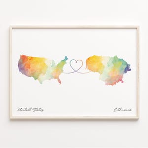USA nach Litauen Druck, Aquarell Karte Poster, Geschenk Litauiens, US Wandkunst, Umzug nach Übersee, C23-106
