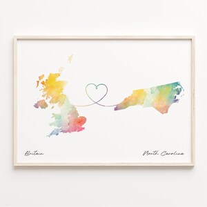 Britain to North Carolina Print, Watercolor Map Poster, North Carolinian Gift, Travel Wall Art, International Love, C23-1734