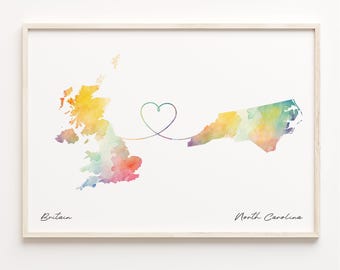 Britain to North Carolina Watercolor Map Print: International Love