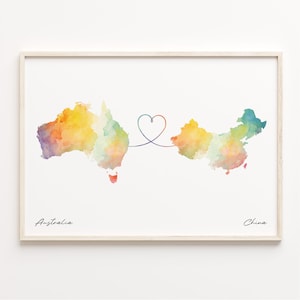 Australia to China Print, Aquarell Karte Poster, Chilenisches Geschenk, Reise Wandkunst, Neues Land Geschenk, C23-833