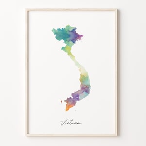 Vietnam Aquarell Karte Druck, Lebendiges Vietnamesisches Kunst Poster, VN Bunte Land Wand Kunst, Kreative Karte, C26-195