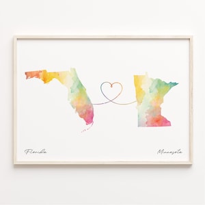 Florida naar Minnesota print, aquarel kaart poster, Minnesotan cadeau, reizen kunst aan de muur, afscheidscadeau, C23-1322