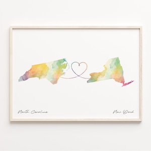 North Carolina nach New York Druck, Aquarell Karte Poster, New Yorker Geschenk, Reisewandkunst, Umzug ins Ausland Geschenk, C23-1645