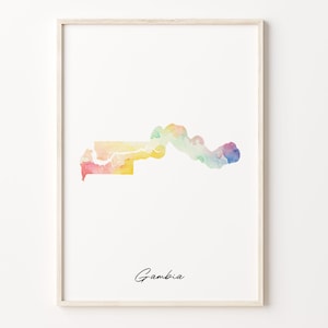 Impression de carte aquarelle de Gambie, affiche d'art gambien vibrante, art mural pays coloré GM, carte arc-en-ciel, C26-65