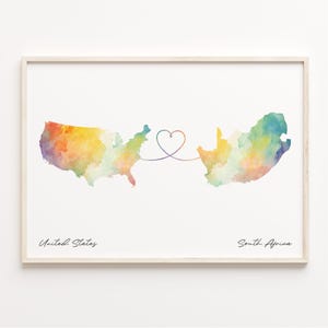 US to South Africa Print, Watercolor Map Poster, South African Gift, US Wall Art, Live Abroad Map, C23-168