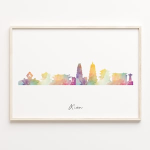 Xian Skyline Print, Watercolor Cityscape, China Wall Art Poster, Watercolor Map, Wall Art Living Room, C29-354