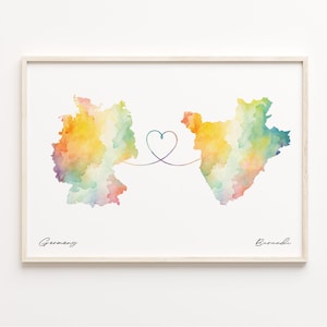 Germany to Burundi Print, Watercolor Map Poster, Burundian Gift, Travel Wall Art, Far Apart, C23-427