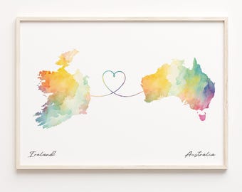 Impresión de Irlanda a Australia, póster con mapa de acuarela, regalo australiano, arte mural de viaje, regalo para expatriados, C23-1004
