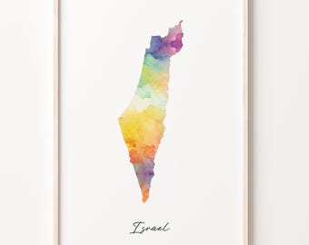 Israel Watercolor Map Print, Vibrant Israeli Art Poster, IL Colorful Country Wall Art, Whimsical map, C26-88