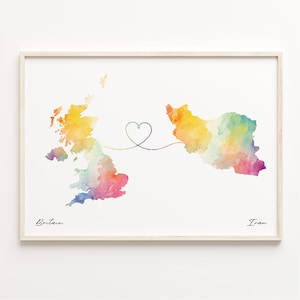 UK to Iran Print, Watercolor Map Poster, Iranian Gift, United Kingdom Wall Art, International Love, C23-283