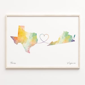 Texas to Virginia Print, Watercolor Map Poster, Virginian Gift, Travel Wall Art, Moving Away Map, C23-1293