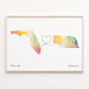 Florida naar Nebraska print, aquarel kaart poster, Nebraskan cadeau, reizen muurkunst, nieuw land cadeau, C23-1328