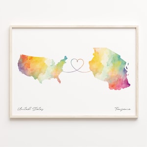 US to Tanzania Print, Watercolor Map Poster, Tanzanian Gift, US Wall Art, Cultural Roots Gift, C23-179