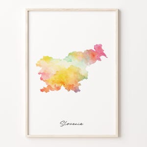 Slowenien Aquarell Karte Drucken, Lebendige Slowenische Kunst Poster, Bunte Wandkunst, Aquarell Karte, C26-165