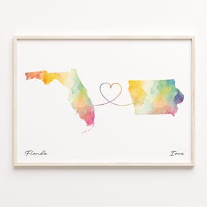 Florida naar Iowa print, aquarel kaart poster, Iowan cadeau, reizen muurkunst, hartkaart landen, C23-1311