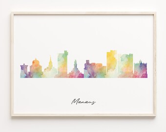 Manaus Skyline Watercolor Print: Rainbow Brazil Cityscape Art