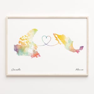 Kanada Mexiko Druck, Aquarell Karte Poster, Mahoran Geschenk, Reise Wandkunst, Länder Herz Geschenk, C23-716
