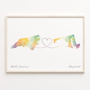North Carolina to Maryland Print, Aquarell Karte Poster, Marylander Geschenk, Reisewandkunst, Auswanderungsgeschenk, C23-1631