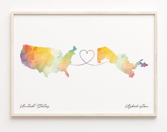 USA to Uzbekistan Watercolor Map Print: Country Connection Gift