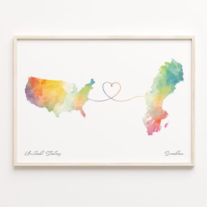 US to Sweden Print, Watercolor Map Poster, Swedish Gift, US Wall Art, Volunteer Map, C23-174