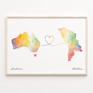 Australia to Moldova Print, Watercolor Map Poster, Micronesian Gift, Travel Wall Art, Faraway Love Gift, C23-917