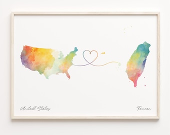 US to Taiwan Print, Watercolor Map Poster, Taiwanese Gift, US Wall Art, Digital Nomad Map, C23-177