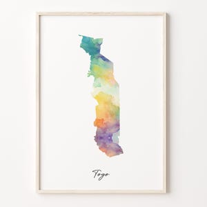 Togo Watercolor Map Print, Vibrant Togolese Art Poster, TG Colorful Country Wall Art, Travel Decor, C26-181