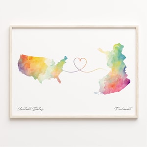 US to Finland Print, Watercolor Map Poster, Finnish Gift, US Wall Art, LDR Map, C23-60