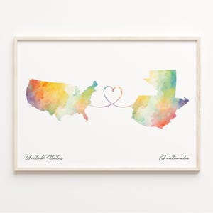 US to Guatemala Print, Aquarell Karte Poster, Guatemala Geschenk, US Wandkunst, Volunteer, C23-73