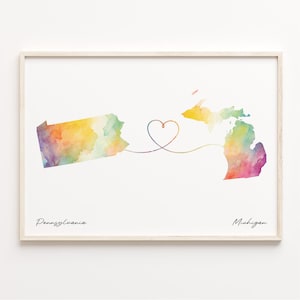Pennsylvania to Michigan Print, Watercolor Map Poster, Michigander Gift, Travel Wall Art, New Home Map, C23-1425