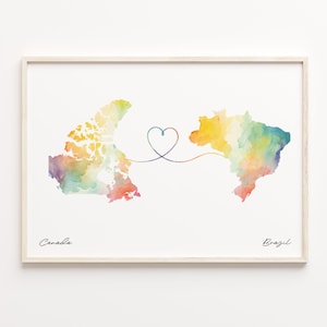 Impression du Canada au Brésil, affiche de carte aquarelle, cadeau brésilien, art mural voyage, amour d'outre-mer, C23-622
