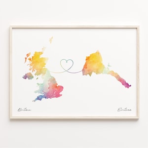 UK to Eritrea Print, Aquarell Karte Poster, Eritrea Geschenk, Vereinigtes Königreich Wandkunst, Expat Karte, C23-255