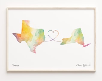 Texas to New York Watercolor Map Print: Long Distance Gift